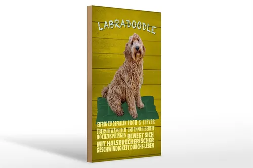 Holzschild Spruch 20x30 cm Labradoodle Hund froh und clever Schild wooden sign