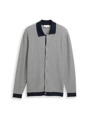TOM TAILOR Gestreifte Strickjacke mit Polokragen - Modische Strickjacke in Navy und Weiß mit strukturierter Oberfläche. Ideal für lässige Outfits und komfortablen Tragekomfort.