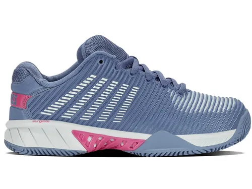 KSwiss Hypercourt Express 2 Tennisschuhe für Damen - Tennisschuhe mit HB-Sohle für optimalen Grip auf Asche und Kunstrasen, sportliches Design in Blau/Rosa, ideal für ambitionierte Spielerinnen.