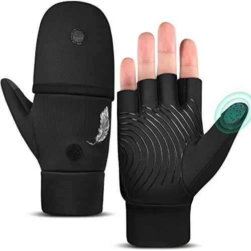 EEFOW Halbfinger Flip Herren Thermo Winterhandschuhe