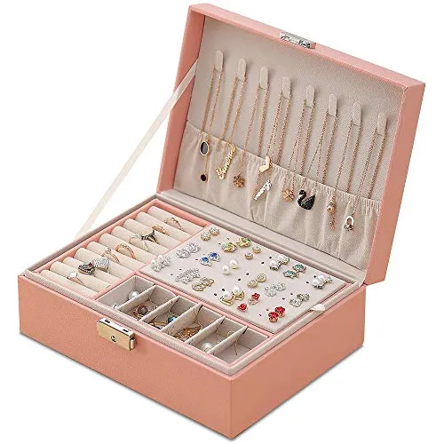 Mtianxy Schmuckkästchen, Damen Doppelschicht PU-Leder Aufbewahrungskoffer für Ringe Ohrringe Armbänder Halsketten Schmuck Veranstalter Geschenkbox für Mädchen Frauen(Rosa)