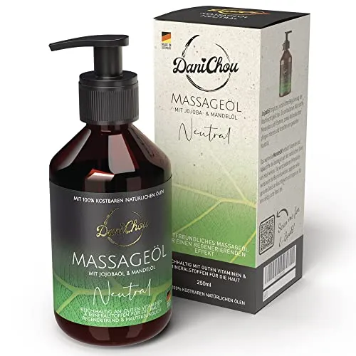 DaniChou Massageöl Neutral 250ml - Ohne Parfüm - Für empfindliche Haut - Vitalstoffreiches Körperöl - Mit Jojobaöl & Mandelöl - 100% Naturkosmetik - Regenerierender Pflegeeffekt für straffe Haut