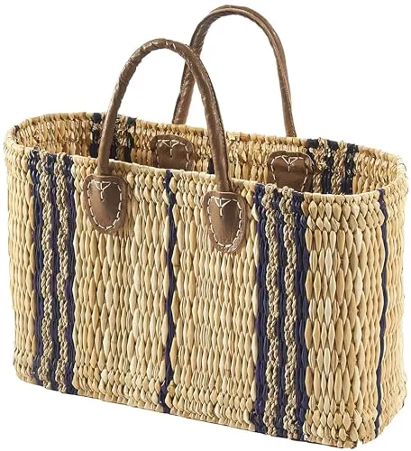 Kobolo Seegrastasche mit Lederhenkel - Stilvolle Strandtasche in Blau - Einkaufskörbe - Handgefertigte Seegrastasche aus nachhaltigem Seegras mit einzigartigem blauen Muster und robustem Echtlederhenkel für höchsten Tragekomfort.