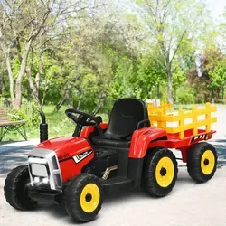 COSTWAY 12V Aufsitztraktor mit Anhänger und Fernbedienung - Kinderfahrzeug in Rot - Der COSTWAY 12V Aufsitztraktor bietet zwei Steuermodi, sanfte Starttechnologie und einen abnehmbaren Anhänger. Ideal für Kinder ab 3 Jahren, fördert er Fahrspaß und Koordination.
