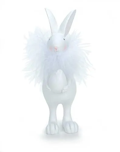 Bubble Store Osterhase mit Federkragen und Osterei, Hase für Indoor und Outdoor geeignet, Dekofigur weiß aus Polyresin, (H) ca. 17,5 cm