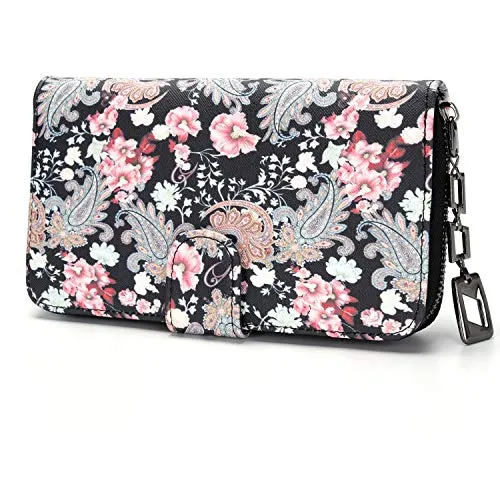 Geldbeutel Damen groß im Langformat, Geldbörse mit Blumen und Blüten Muster im Mandala und Ethno Stil, Portemonnaie mit Reißverschluss und Druckknopf und vielen Fächern (Floral Dreams).