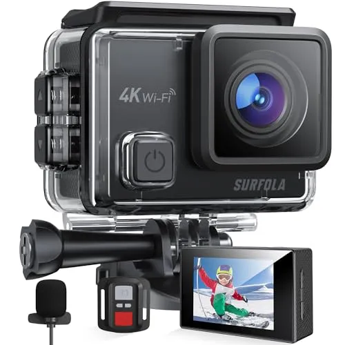 Surfola Action Cam 4K - Wasserdichte 40M Unterwasserkamera mit EIS - Action-Cam mit 4K Video, 20MP Fotos und 40m wasserdicht für Outdoor-Abenteuer. Inklusive 2 Akkus und Zubehör für vielseitige Aufnahmen.