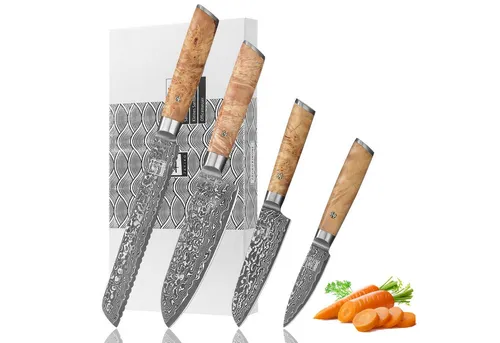 Zayiko 4er Damastmesser-Set - Küchenmesser Set mit 8-20 cm Klingen aus 67 Lagen Damaststahl und edlen Birke Wurzelholzgriffen, ideal für präzises Schneiden und ein elegantes Geschenk.