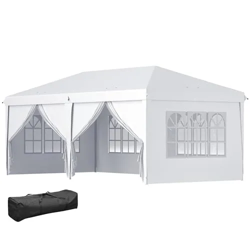 Outsunny Pavillon 585x295x270 cm - Weiß - Robuster Faltpavillon für Gartenpartys, mit stabilen Stahlrahmen, praktischen Fenstern und Reißverschlusstüren für optimale Belüftung und einfachen Zugang.