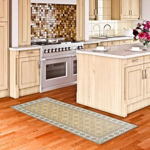 Pergamon Vinyl Teppich Küchenläufer Evora in Fliesenoptik - Teppiche Gegend, abwaschbar und rutschhemmend – ideal für die Küche mit moderner Fliesenoptik in Grau und Gelb.