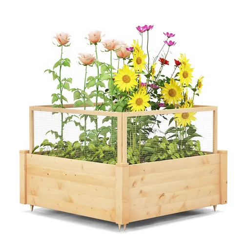 Hochbeet mit Zaun - Pflanzkasten für Tierschutz - Kategoriesierung: Hochbeet, schützt Ihre Pflanzen vor Tierschäden, aus robustem Holz, ideal für Innen- & Außenbereich, Maße: 107x107x70cm, perfekt für Blumen.