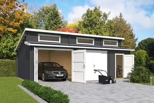 Lasita Garage Stufendach 44 mm Hawaii mit Holztor grau 820x520 cm - Robuste Blockbohlen-Garage mit abschließbarem Holztor, ideal für die sichere Unterbringung von Fahrzeugen und Gartenutensilien. Nutzfläche von 39,4 m².