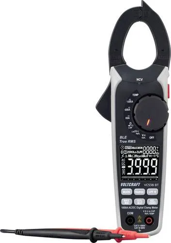VOLTCRAFT VC538 Stromzange digital CAT III 600 V, CAT II 1000 V - Praktische Stromzange zur mühelosen Messung von Gleich- und Wechselströmen bis 1000A. Ideal für den professionellen Einsatz in Schaltschränken und KFZ-Elektrik. Mit kontrastreichem Display und komfortabler Hold-Taste für optimale Ablesbarkeit.
