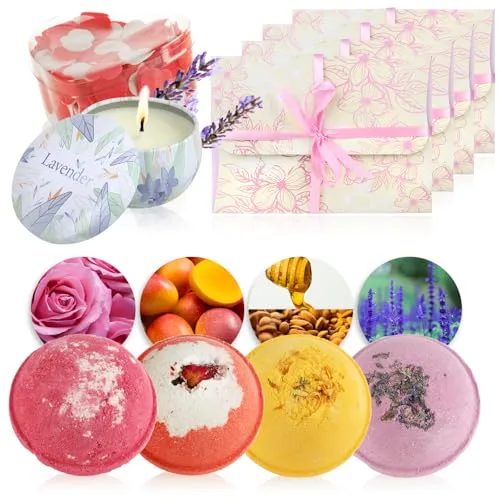 com-four® 4X Geschenk-Box mit Badebomben, Badekonfetti und Sojawachskerzen - WELLNESS FÜR ZUHAUSE: Entdecken Sie die sprudelnden Badebomben in verschiedenen Düften und das farbenfrohe Badekonfetti für ein unvergessliches Badeerlebnis. Perfekt als Geschenkset für besondere Anlässe!