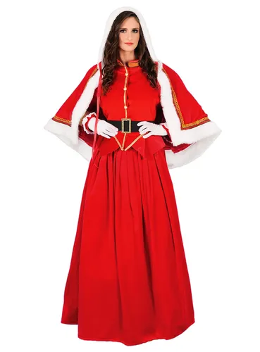 Weihnachtsfrau Kostüm Damen - Festliches Outfit für die Feiertage - Dreiteiliges Weihnachtsfrau Kostüm mit Kapuzencape in strahlendem Rot. Ideal für festliche Anlässe, erhältlich in Größe M-L. Aus hochwertigem Polyester gefertigt, sorgt es für einen stilvollen Auftritt.