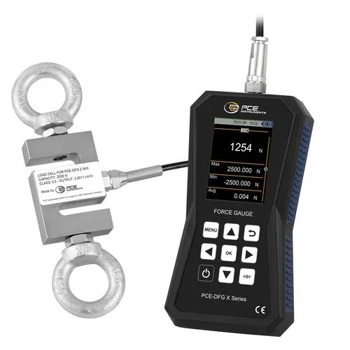 PCE Instruments Kraftmessgerät PCE-DFG 2K5 X 2500N - Kraftmessgerät für Zug- und Druckkräfte mit einer Genauigkeit von ±0,05% F.S. Ideal für Prüflabore mit hoher Messfrequenz von 7.200Hz und praktischer Speicher-Software.