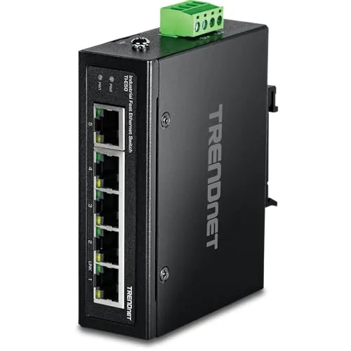 TRENDnet TI-E50 Switch - Unmanaged 5-Port - Netzwerk-Switch mit 5 x 10/100 Ports, ideal für DIN-Schienen- oder Wandmontage, bietet vielseitige Einsatzmöglichkeiten in industriellen Umgebungen.