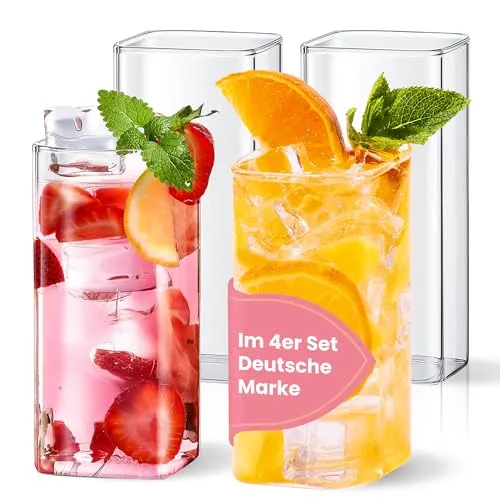 H E L P Y Glass - 4er Set - Aesthetic Longdrinkgläser Set- Spülmaschinenfest - Perfekt für Iced Coffee, Matcha, Limonade, Milchshake, Smoothie, Saft, Cocktail [300ml]