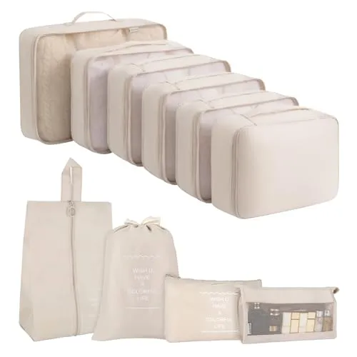 Koffer Organizer Set,10 Stück Packing Cubes, Packwürfel, Reise Gadgets | Kleidertaschen, Schuhbeutel und Kosmetik-Organizer für Koffer und Reise Gadgets (Beige)