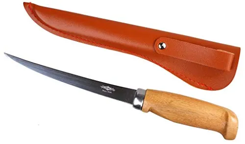 Mikado Filetiermesser 15cm mit Holzgriff - Hochwertiges Fischfiletiermesser aus japanischem Edelstahl mit flexibler Klinge. Inklusive Lederscheide für sicheren Transport. Ideal für präzises Filetieren.