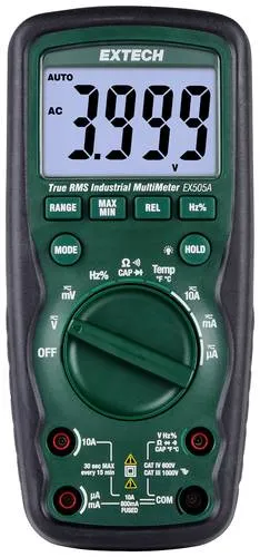 Extech EX505A-K Heavy Duty Industrial Multimeter Kit - Multimeter mit CAT IV-600V Sicherheitsrating, True RMS Genauigkeit und wasserdichtem Gehäuse. Ideal für industrielle Anwendungen und umfassende Messungen.