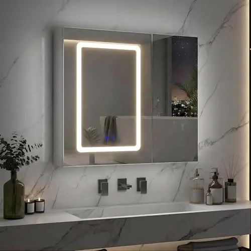 Spiegelschrank Bad mit Beleuchtung, LED Badschrank mit Spiegel und Ablage, 3 Farbtemperaturen & Dimmbare Helligkeit, Touch-Schalter, Spiegelschrank Bad mit Verstellbarem Regal (Weiß-70x60x13,5 cm)