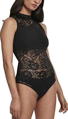 Urban Classics Damen Ladies Laces Body T-Shirt - Schwarz (Black 00007), XS - Modischer Body für Damen mit verstärktem Spitzen-Stoff im Brustbereich, ideal für einen stylishen Look ohne Durchsicht.
