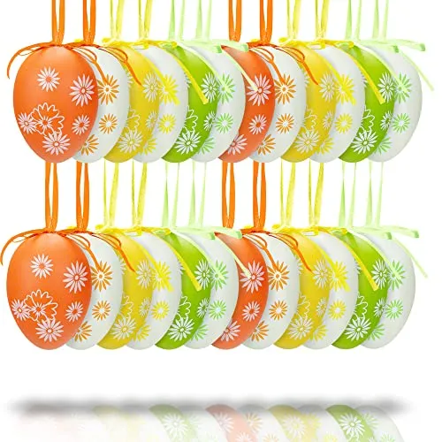 Helmecke & Hoffmann 24 Bunte Ostereier Schleife zum Aufhängen | Deko-Eier mit Blümchen-Dekor | Grün Gelb Orange | Osterdeko | Dekoostereier ca. 6 cm