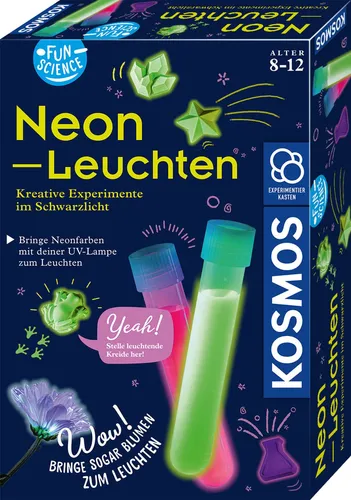Kosmos Experimentierkasten 65419, Neon-Leuchten - Experimentierkasten für Kinder ab 8 Jahren mit Schwarzlicht-Experimenten. Enthält alles für leuchtende Farb-Effekte und schaurige Gips-Figuren. Illustrierte Anleitung erklärt die Chemie dahinter.