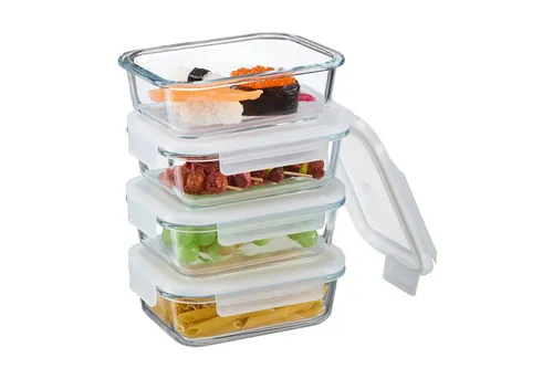 relaxdays Frischhaltedose Glasbehälter Set - 4 x 640ml - Frischhaltedosen aus Glas, mikrowellengeeignet und stapelbar, ideal zum Aufbewahren und Frischhalten von Lebensmitteln.