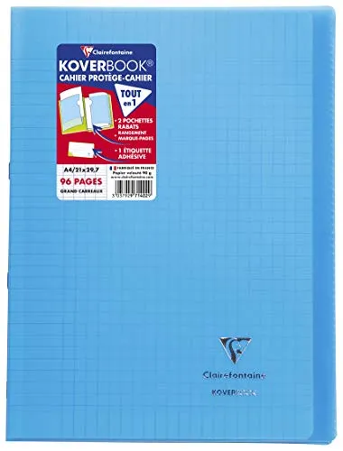 Clairefontaine 971402C - Schulheft / Heft Koverbook DIN A4 21x29,7cm, 48 Blatt 90g, französische Lineatur, Einband aus transparentem PP, 2 Klarsichthüllen + 1 Etikett, geheftet, Blau, 1 Stück