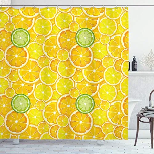 ABAKUHAUS Obst Duschvorhang, Lemon orange Kreise, Stoffliches Gewebe Badezimmerdekorationsset mit Haken, 175 x 200 cm, Gelb Weiß und Grün