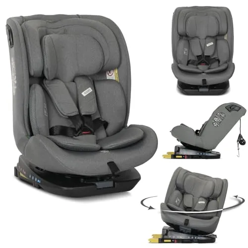 Lorelli Kindersitz drehbar 360 Grad i-Size 40-150cm mit Isofix, Mitwachsender Baby Autositz Rodeo, Gruppe 0+/1/2/3, 0-12 Jahre, 0-36 kg, Auto Babysitz ab Geburt, 5-Punkt-Gurt, Grau