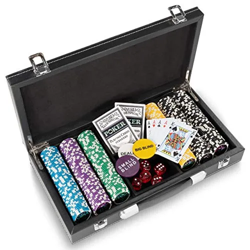 Nexos Trading Pokerkoffer Leder Deluxe mit 300 Ocean Champion Chips abgerundete hochwertige Metallkern Jetons 12 g Pokerset Black Jack Texas Holdem