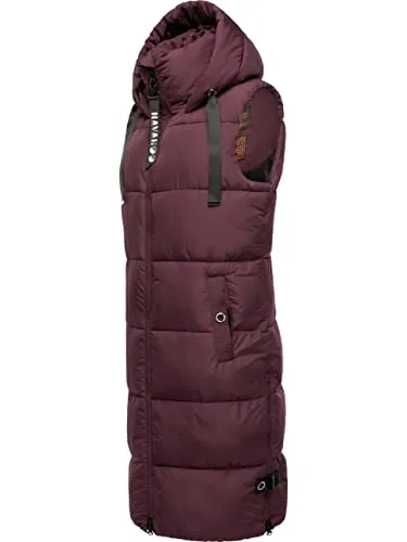 Navahoo Damen ärmellose lange Outdoorweste Schnuffelchen Wine Gr. XS - Stylische, ärmellose lange Weste von Navahoo, ideal für kühle Tage. Die weiche Wattierung sorgt für ein angenehmes Tragegefühl. Praktische Taschen und seitliche Schlitze bieten Bewegungsfreiheit und Stauraum.