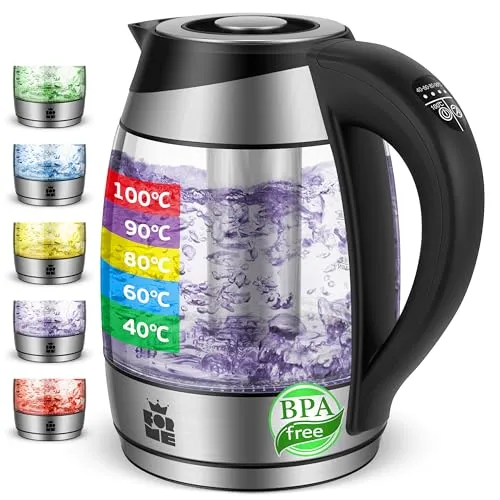 FOR ME Glas Elektrischer Wasserkocher mit Teesieb 1,8L, Temperatureinstellung, Temperaturwahl 40°C bis 100°C, 5 Farben LED-Beleuchtung, Warmhaltefunktion, BPA Frei