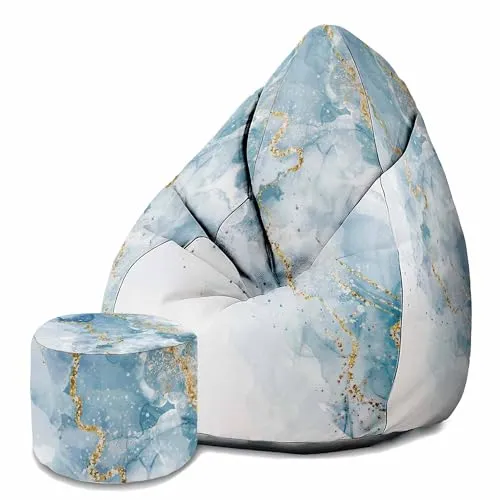 DreamRoots Sitzsack Erwachsene mit Füllung 80x80x120cm - Bean Bag Chair - Sitzsäcke mit Lehne und Hocker und Bezug - Sitzsack Sessel - Chill Sessel Velvet Blue Elegant Marmur