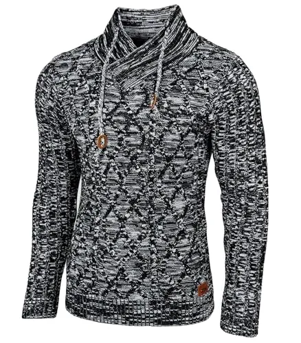 Baxboy Herren Grobstrick Pullover Strickpullover Stehkragen Winter-Freizeit-Jacke Muster Design Meliert Sweatshirt Pulli B-292, Farbe:Schwarz, Größe:S