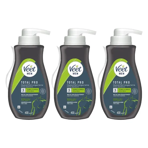 Veet Men Haarentfernungscreme für Oberkörper und Beine 1200ml - Praktischer Spender mit 3 x 400ml Haarentfernungscreme, ideal für eine einfache Anwendung und sanfte Haarentfernung für Männer.