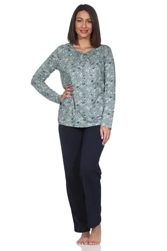 Normann Fraulicher Damen Pyjama Schlafanzug - Floral Design in Dunkelgrün, Größe 44-46 - Bequemer Damen Schlafanzug mit Knopfleiste für einfaches An- und Ausziehen. Aus 100% Baumwolle gefertigt, bietet er einen angenehmen Tragekomfort und ist ideal für entspannte Abende zu Hause.