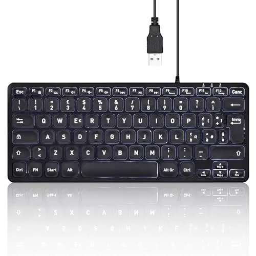Perixx PERIBOARD-332BIT Mini-USB-Tastatur mit Hintergrundbeleuchtung,Große Schriftarten,Low-Profile-Tasten,Weiße LED-Hintergrundbeleuchtung,Italienisches Layout,Schwarz