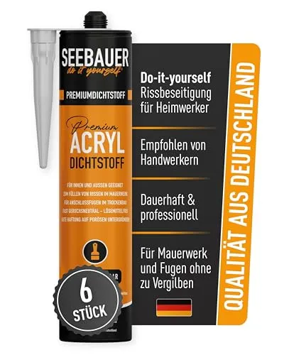 SEEBAUER diy Acryl Dichtstoff Weiß 300 ml - Besonders elastische Dichtmasse - Einfach überstreichbar für Innen- & Außenbereich - Maler-Acryl für Fugen & Risse (6 Stück)