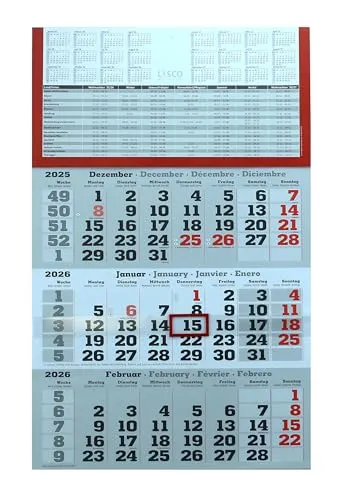 Monats Wandkalender 2026 (gefaltet) mit Datumschieber in Rot, inkl. Ferienübersichten und Jahresüberblick 2026 und 2027, Dreimonatskalender werbefrei, 3 Monatskalender 3