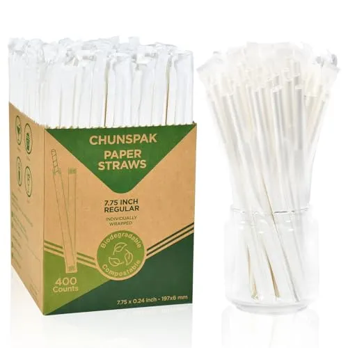 Weiße Einweg Papierstrohhalme, Einzeln Verpackt – 19,7 x 0,6 cm, 100% Biologisch Abbaubar, 400 Stück