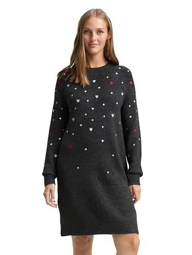 TOM TAILOR Denim Damen 1049246 Mini-Kleid mit Herz-Stickerei, 39414-Grey White Dots and Hearts, X-Small