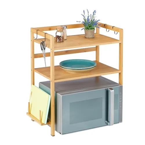 Mikrowellen Regal – Praktischer Küchenregal Mikrowellenständer - Küchenregal mit 2 Regalfächern aus hochwertigem Bambus und Stahl, freistehend und ideal für platzsparende Aufbewahrung in Ihrer Küche.