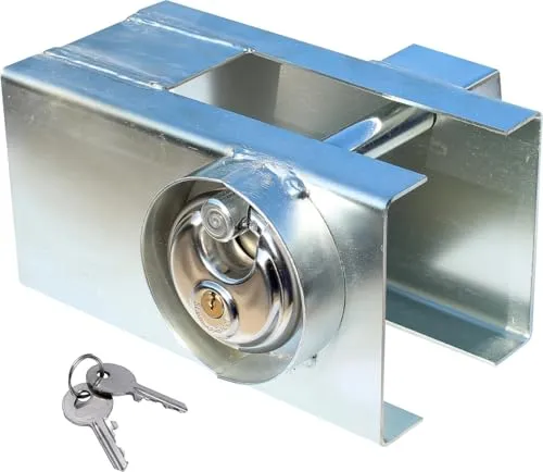 Diebstahlsicherung Anhängersicherung Kastenschloss - Universalzubehör für Anhängerkupplungen mit fester Schlosseinfassung und Vorhängeschloss für optimale Sicherheit bei abgestellten Pkw-Anhängern.