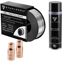 STAHLWERK Elektrowerkzeug-Set Fülldrahtdüse 2er Set + Fülldraht 0,8 mm 1 kg - Elektrowerkzeug-Set mit 2 Fülldrahtdüsen und 1 kg hochwertigem Fülldraht für zuverlässiges MIG/MAG-Schweißen. Perfekt abgestimmt auf STAHLWERK Geräte für maximale Leistung und Effizienz.