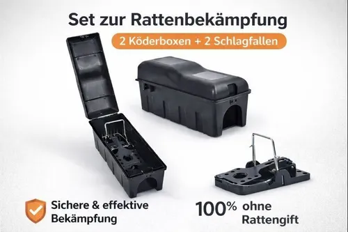 Rattenbekämpfung – 2× Rattenköderbox & 2× Schlagfalle | ohne Rattengift