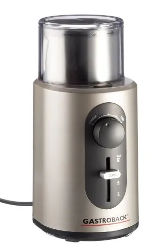 Gastroback Design Kaffeemühle Basic, 42601 - Kaffeemühle mit Edelstahl-Schneidemesser-System, 5 Mahlgraden für perfekten Genuss von Filterkaffee bis Espresso und praktischer Zeitschaltuhr – ideal für Kaffeeliebhaber!